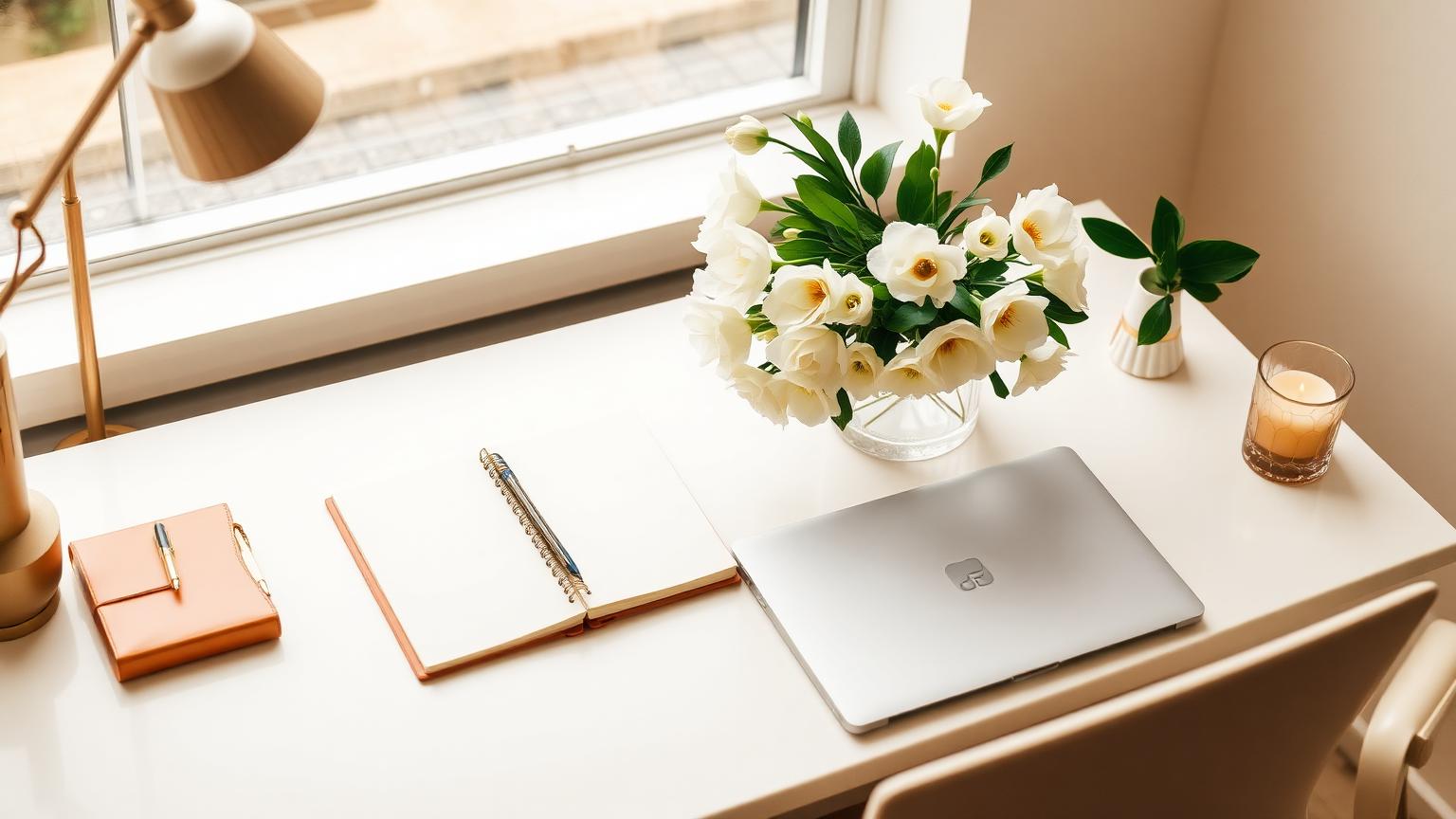 Bureau élégant avec fleurs, ordinateur et carnet — Lien Précieux au Havre